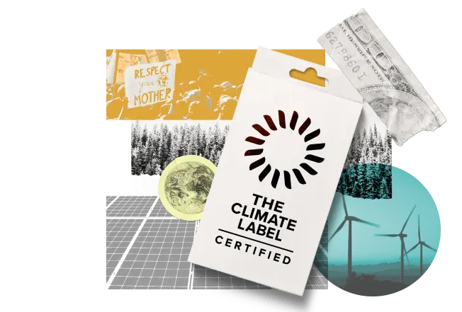 The Climate Label Certified printed on a paper, overlaid on top of a mosaic of environmental imagery