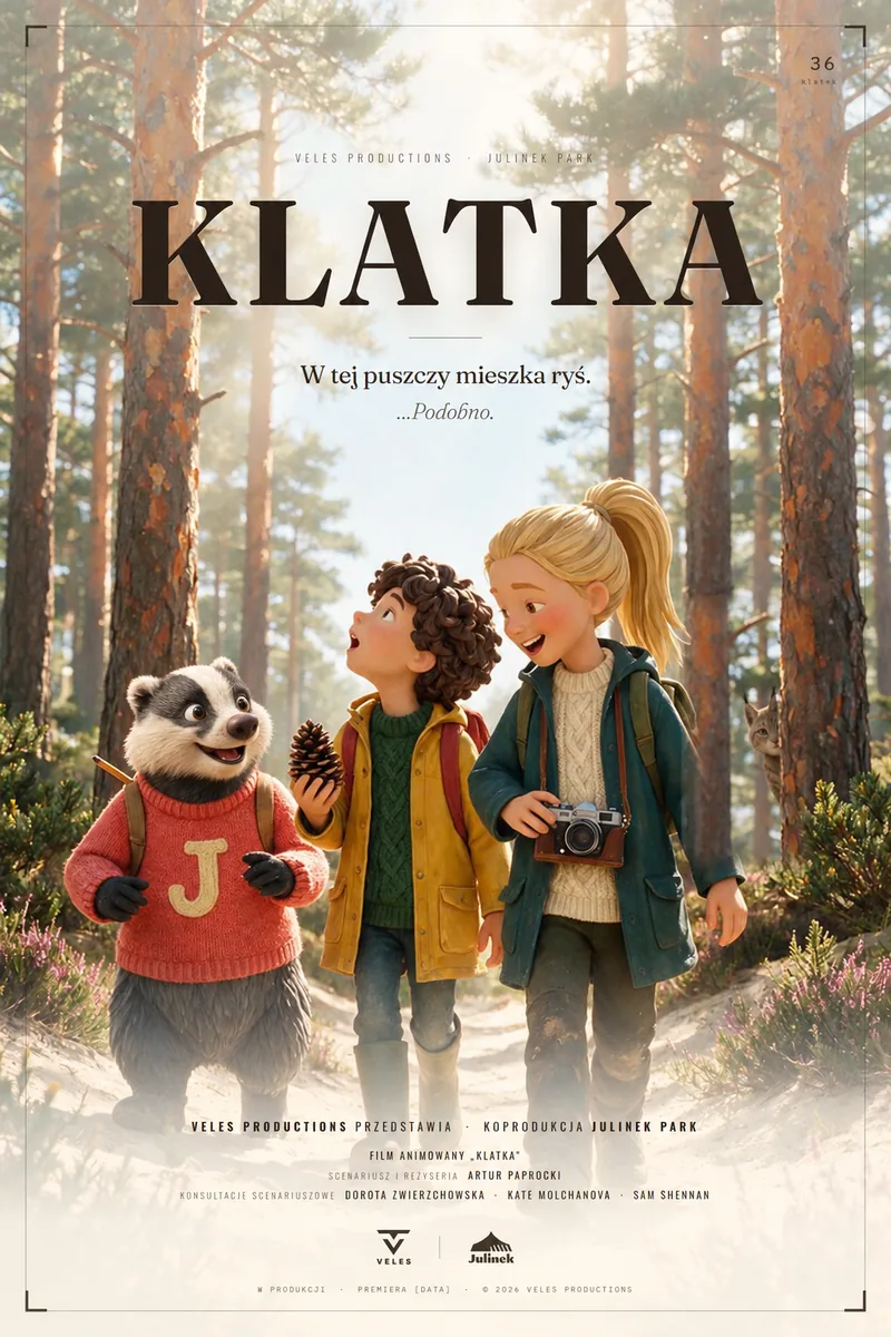 Klatka key art: Nina with her camera and Staś in a pine forest, a lynx hidden between the trunks