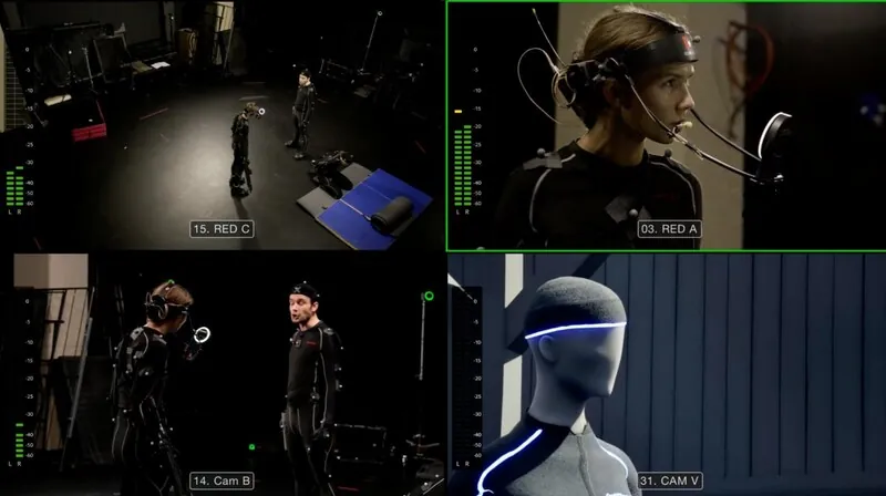 A four-way camera view of a motion-capture session with performers in suits