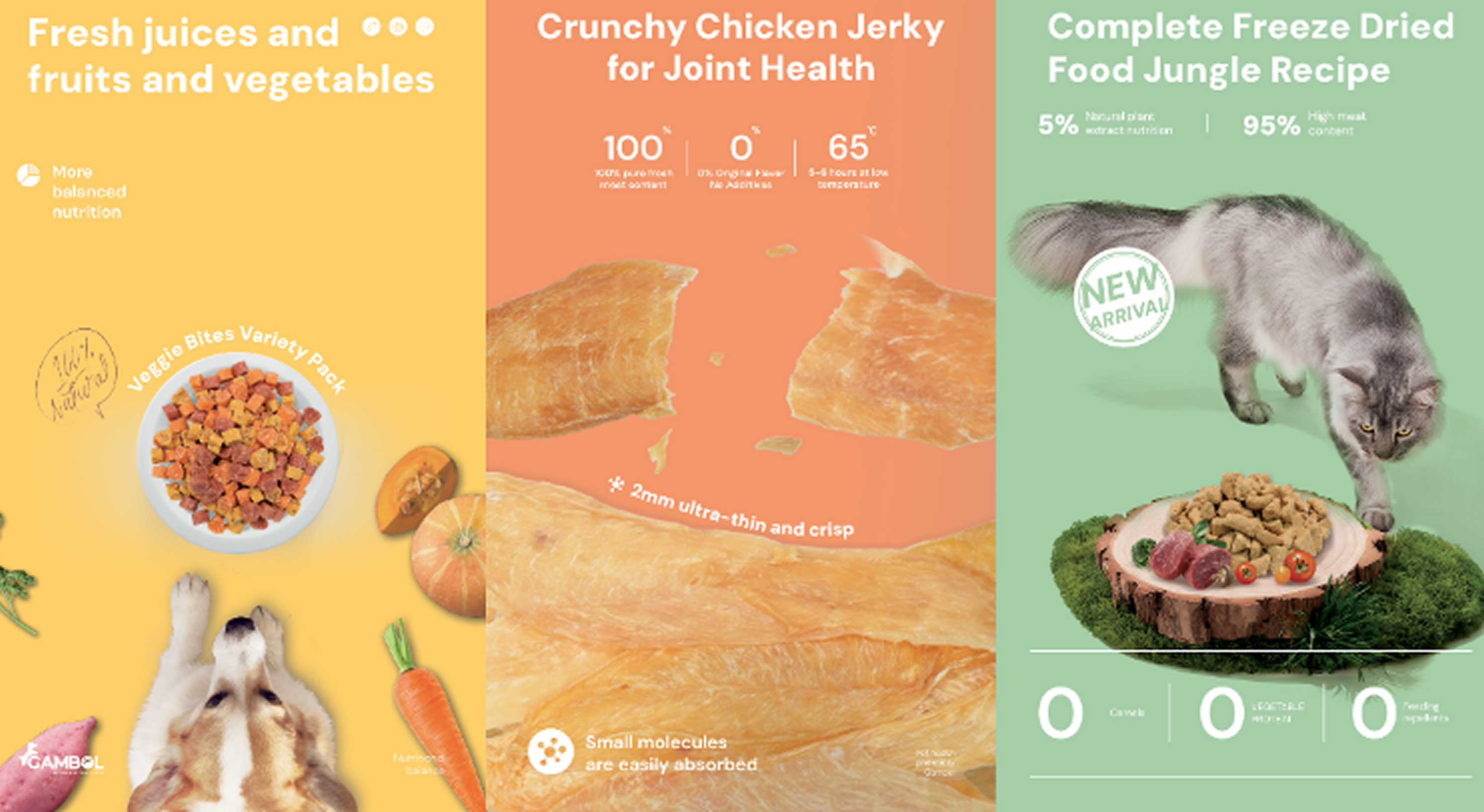 Gambol Pet 产品在 PATS 2025 上的宣传横幅展示了蔬菜块什锦包、有益于关节健康的香脆鸡肉干和完整的冻干丛林食谱。”