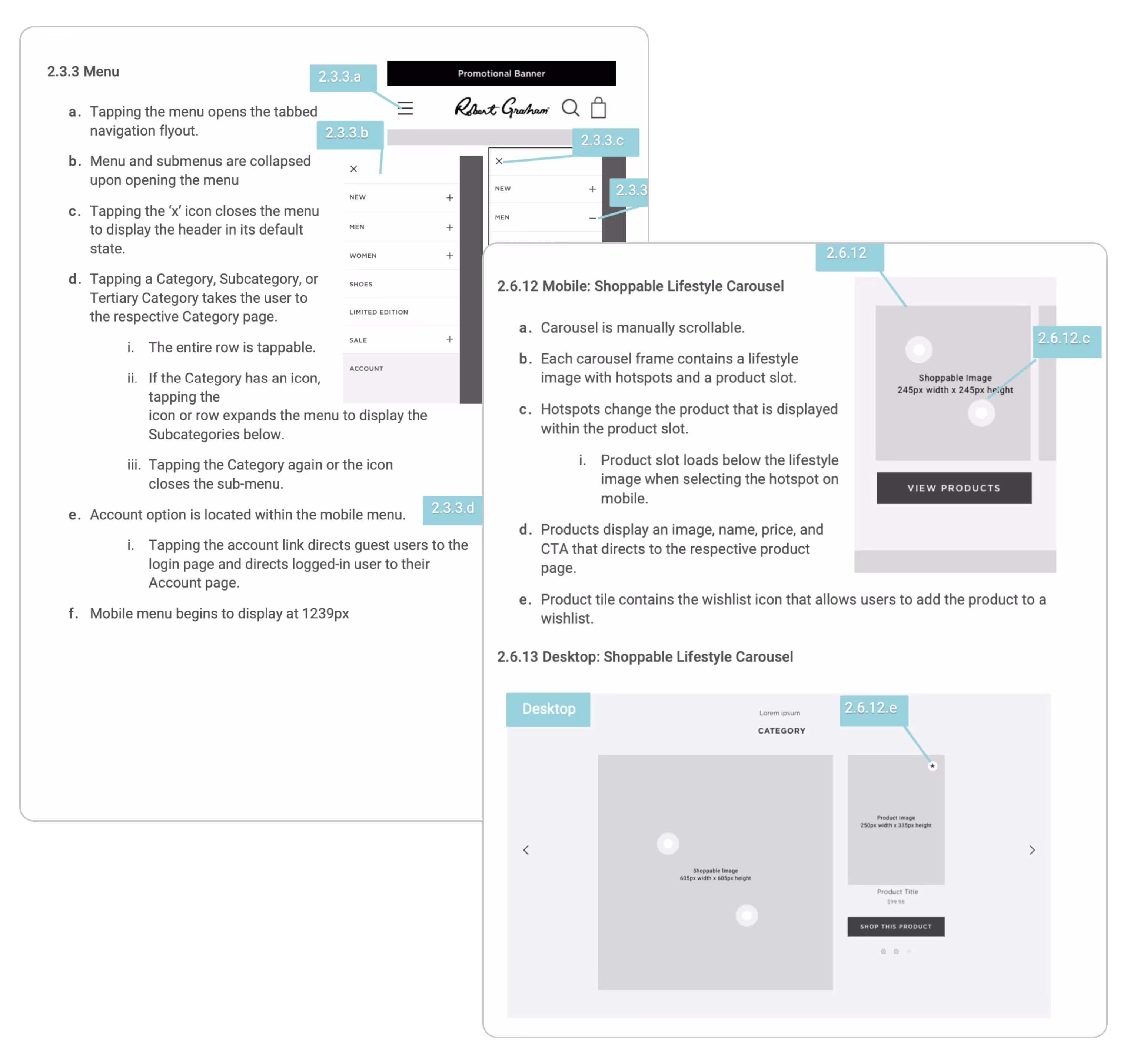 Two pages of a functional specification document showing details of a mobile menu system and shoppable lifestyle carousels for mobile and desktop, including menu interaction points and carousel frame components.