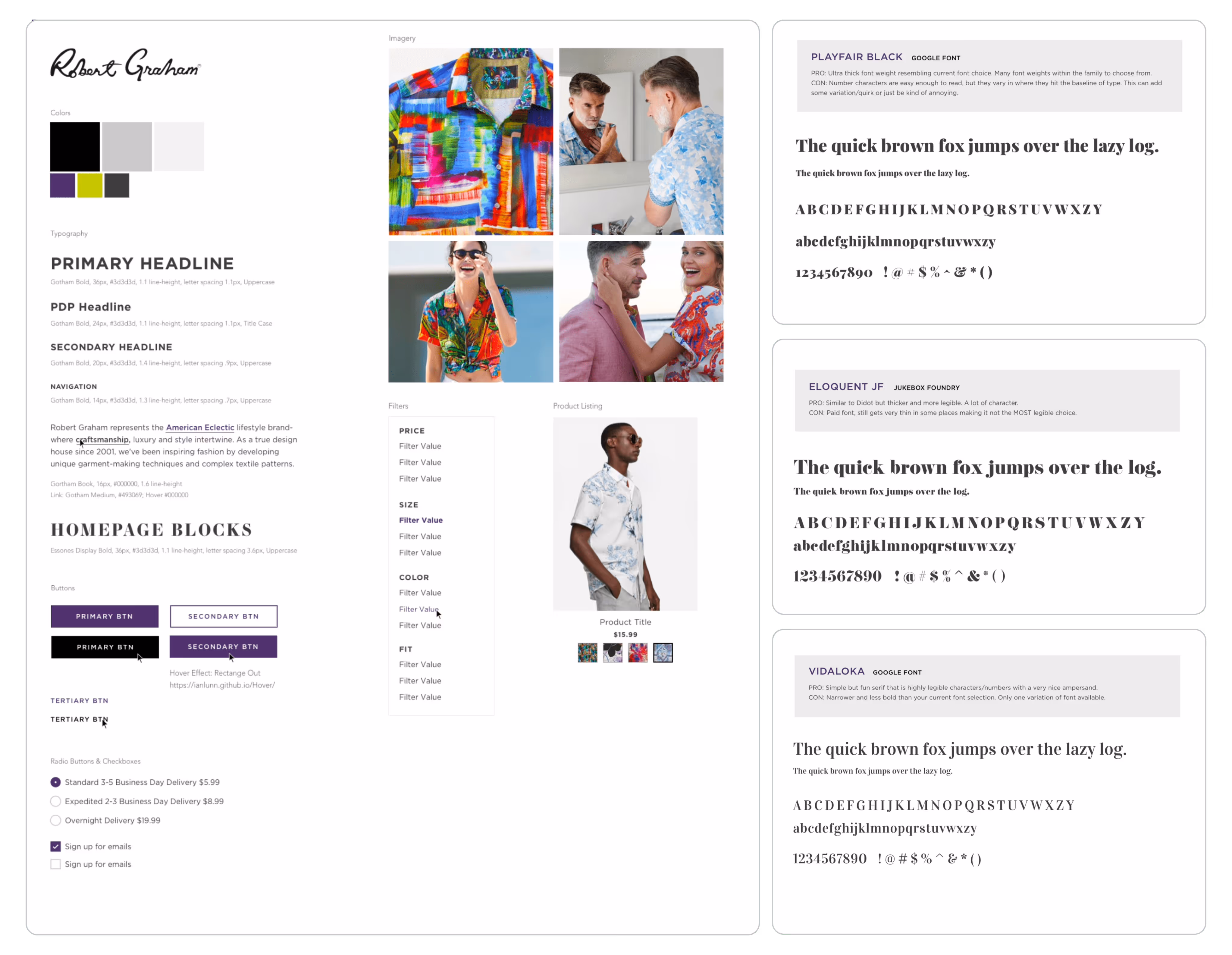 Robert Graham brand style tile showing logo, color palette, typography styles, button designs, radio buttons, imagery of vibrant shirts and styled people, filter options, and font previews for Playfair Black, Eloquent JF, and Vidaloka.
