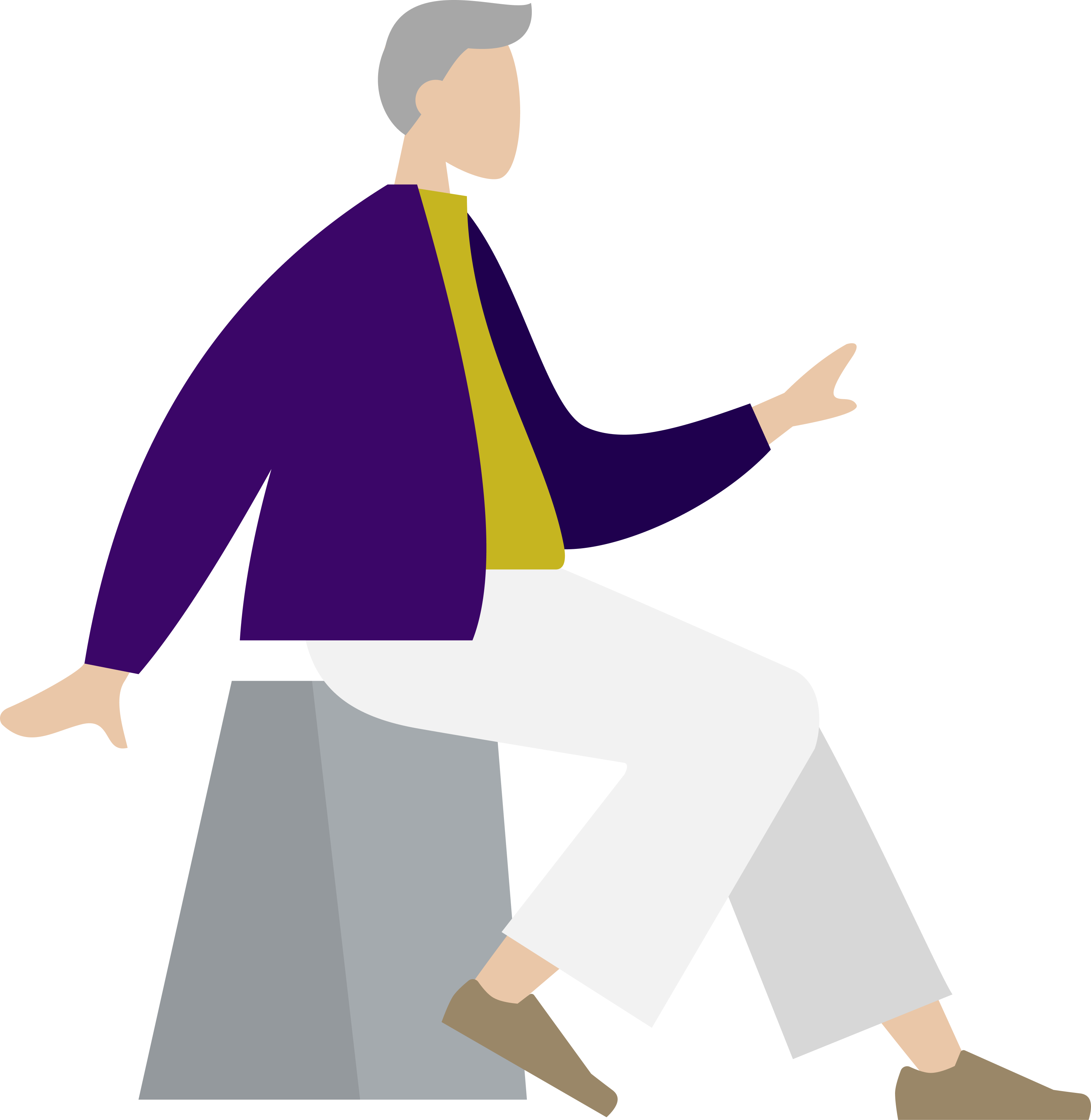 Illustration of a person with gray hair, wearing a purple jacket, yellow shirt, white pants, and brown shoes, sitting on a gray stool with one arm extended.
