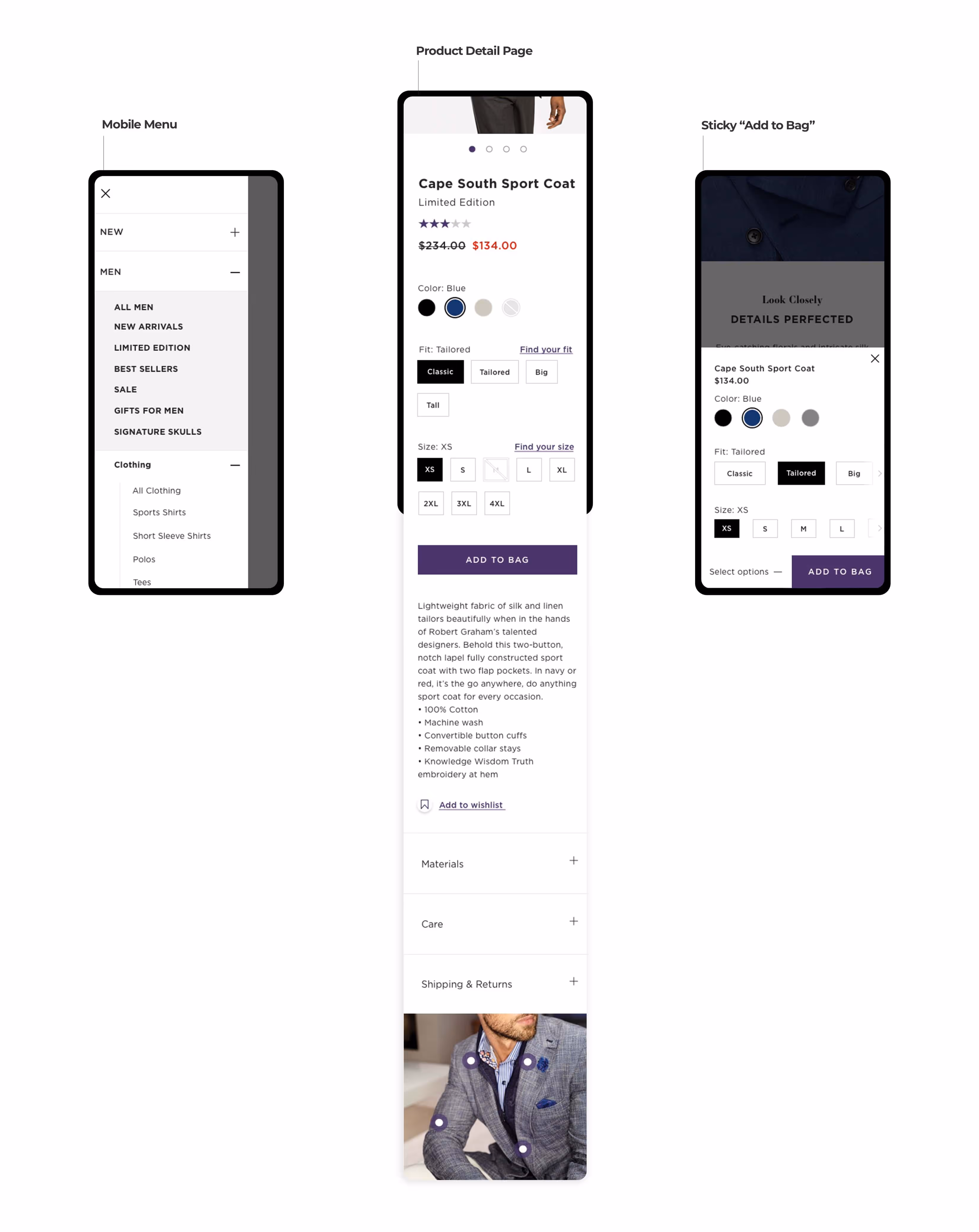 Three mobile screens showing a clothing website interface: left screen displays a mobile menu with categories; center screen shows a product detail page for a Cape South Sport Coat with color, fit, and size options, price, short description, and add to bag button; right screen presents a sticky add-to-bag section overlay with coat options and add to bag button.