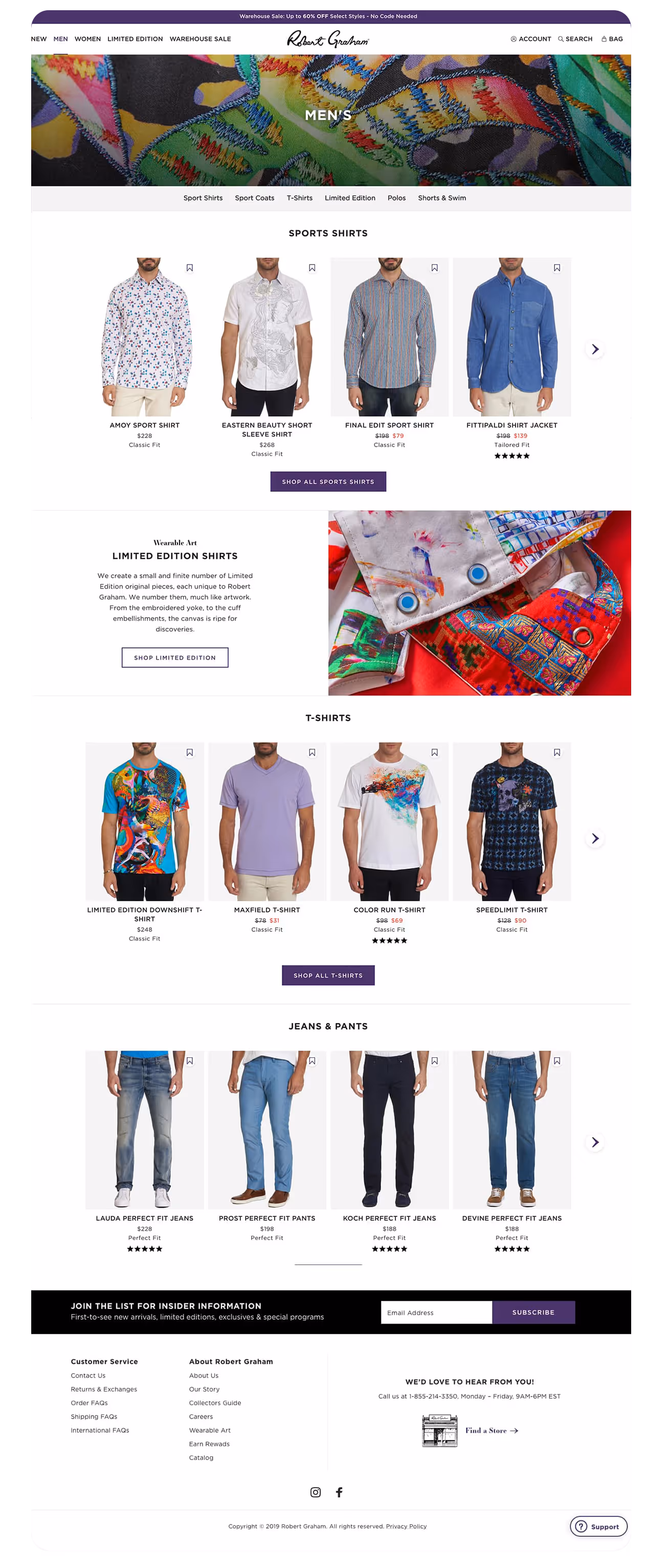 Men's clothing webpage featuring sections for sports shirts, limited edition shirts, t-shirts, and jeans with product images, prices, fit details, star ratings, and navigation menus.