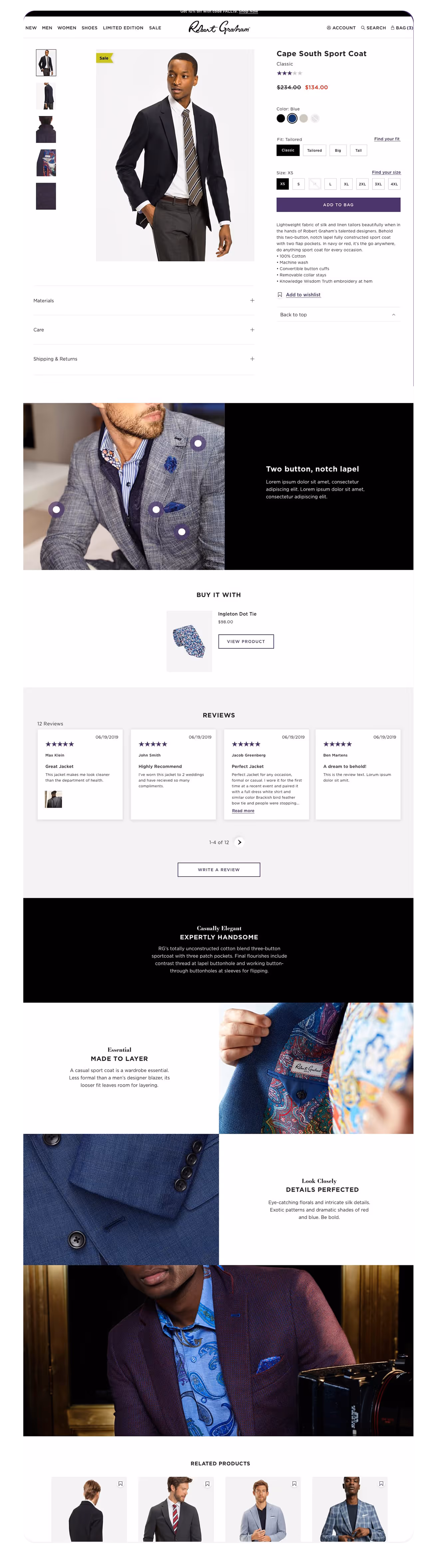 E-commerce product page showing a man modeling a black Cape South Sport Coat with detailed size, fit options, reviews, and related products.