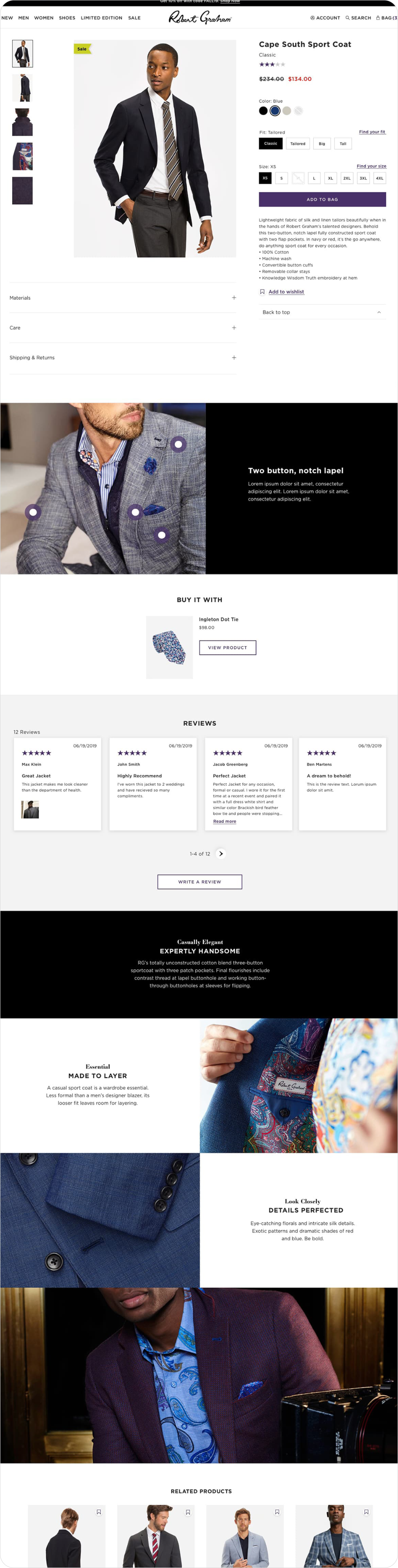 Men's clothing webpage featuring sections for sports shirts, limited edition shirts, t-shirts, and jeans with product images, prices, fit details, star ratings, and navigation menus.