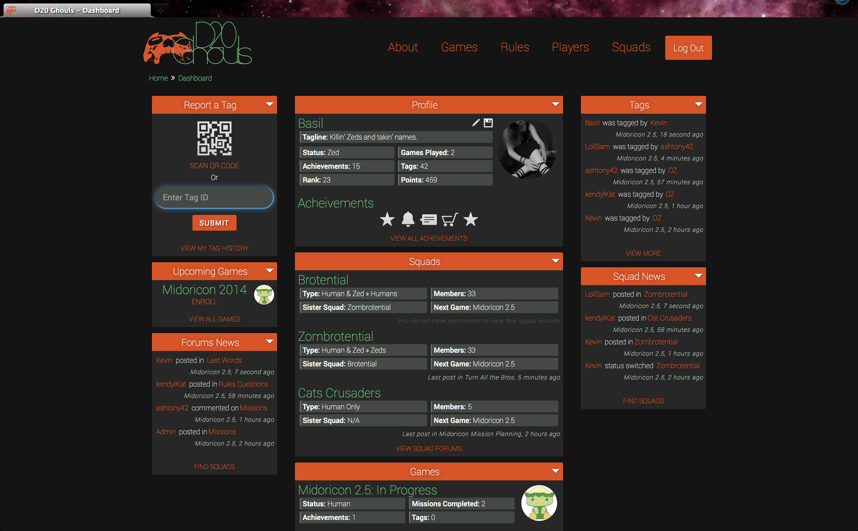 A screenshot of the D20 Ghouls player profile