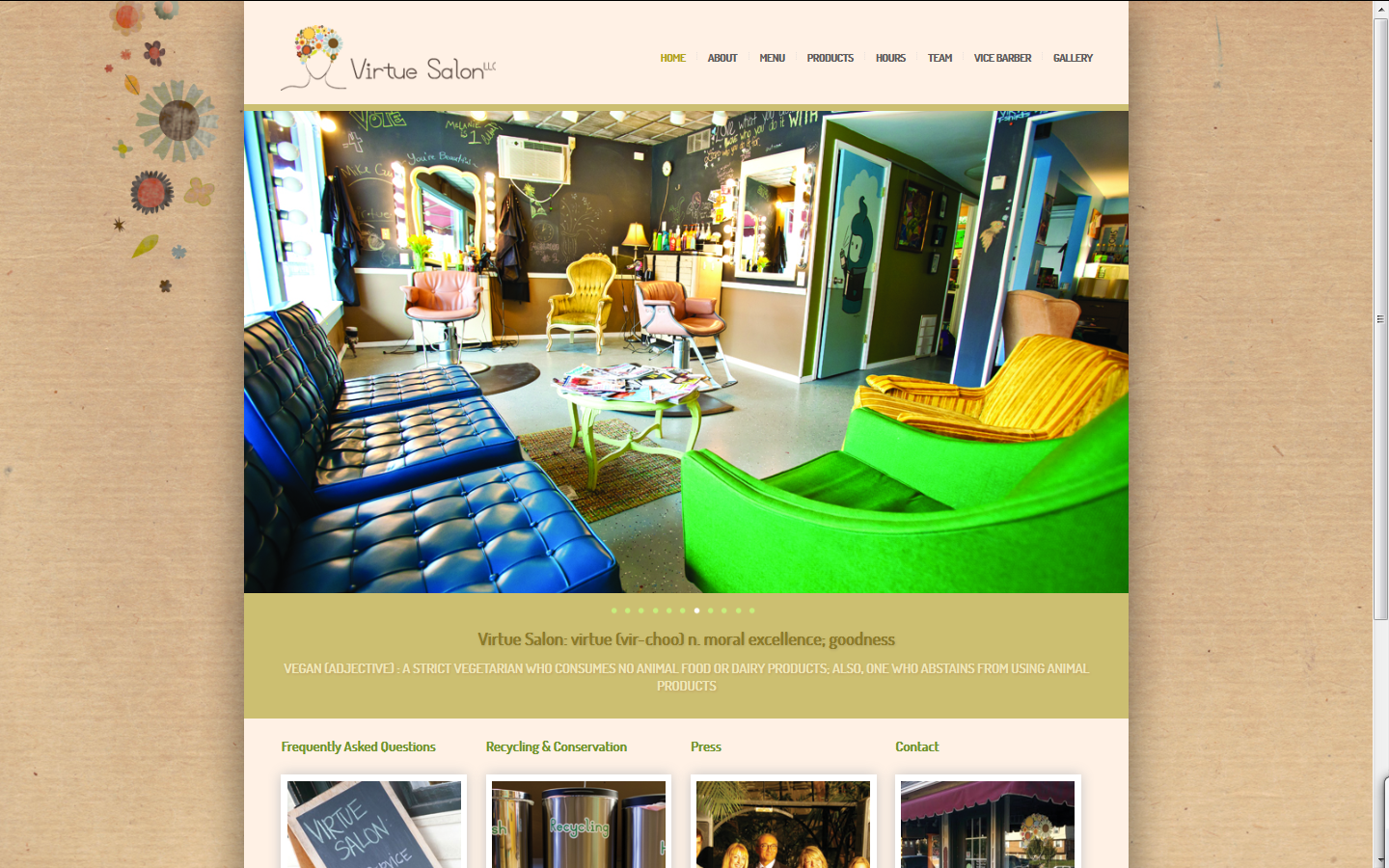 A screenshot of the Virtue Salon homepage
