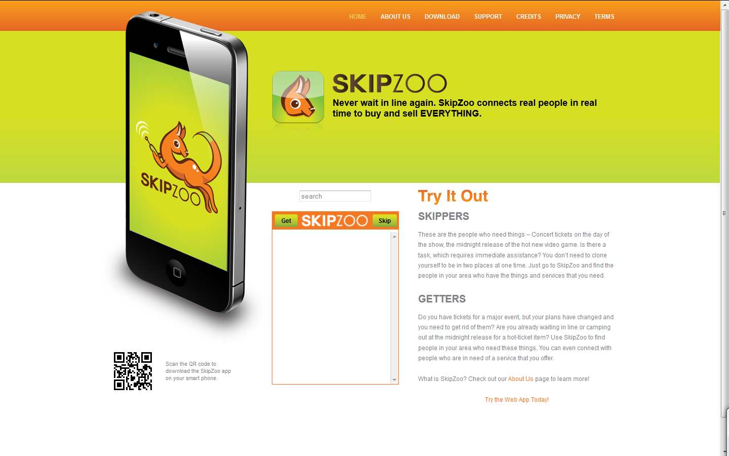 A screenshot of the SkipZoo homepage