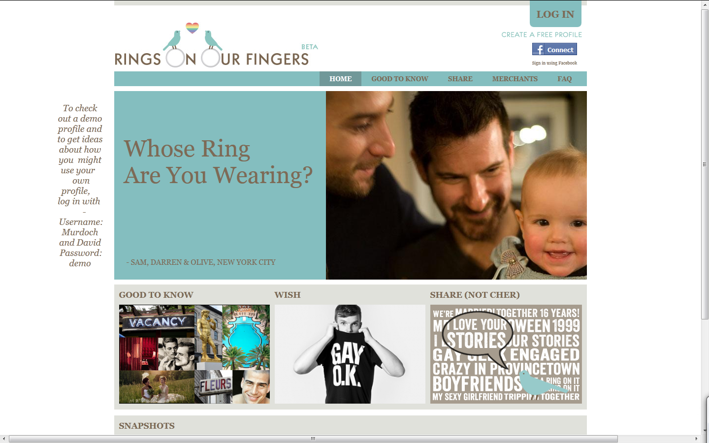 A screenshot of the Rings On Our Fingers homepage
