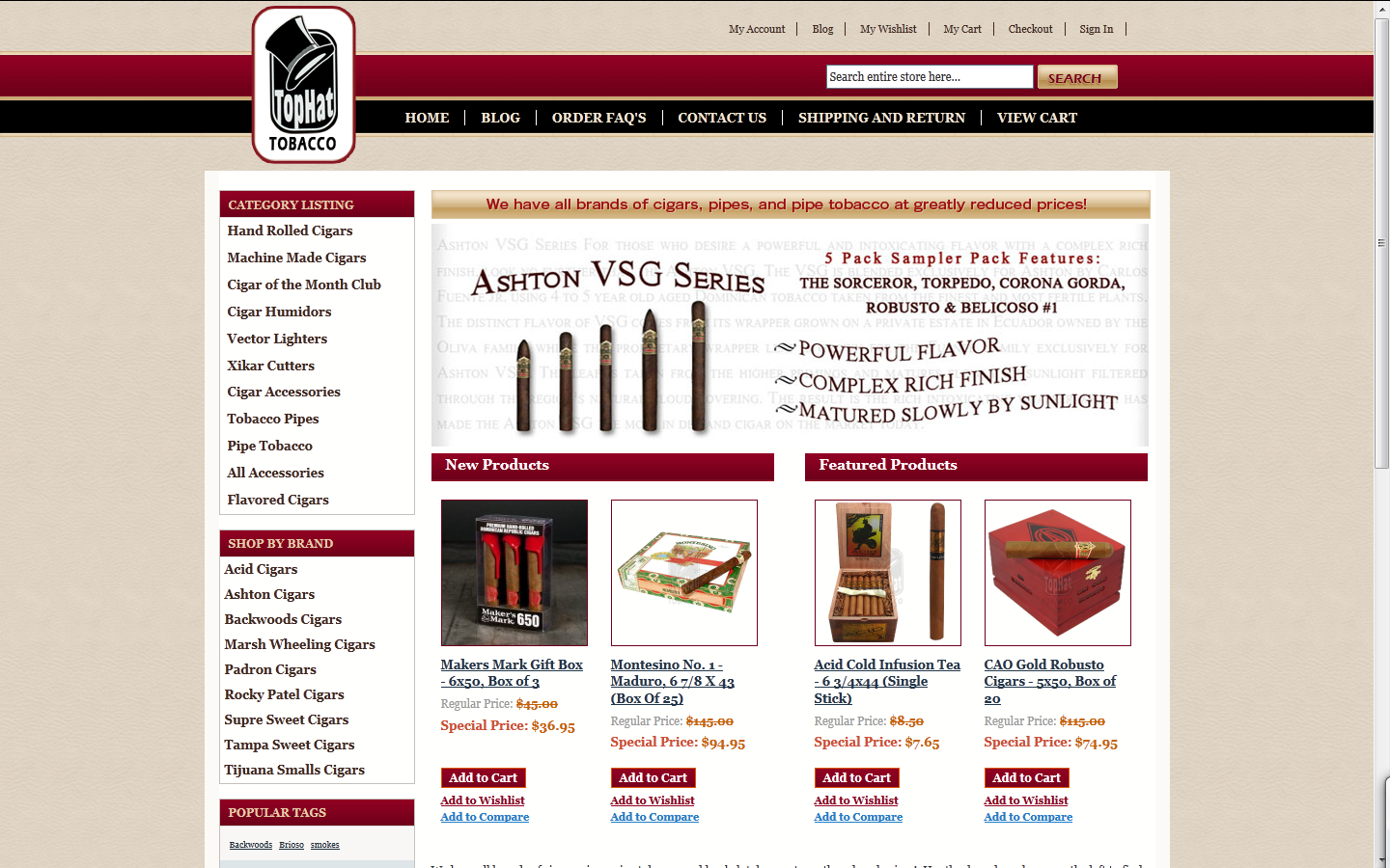 A screenshot of the Top Hat Tobacco homepage