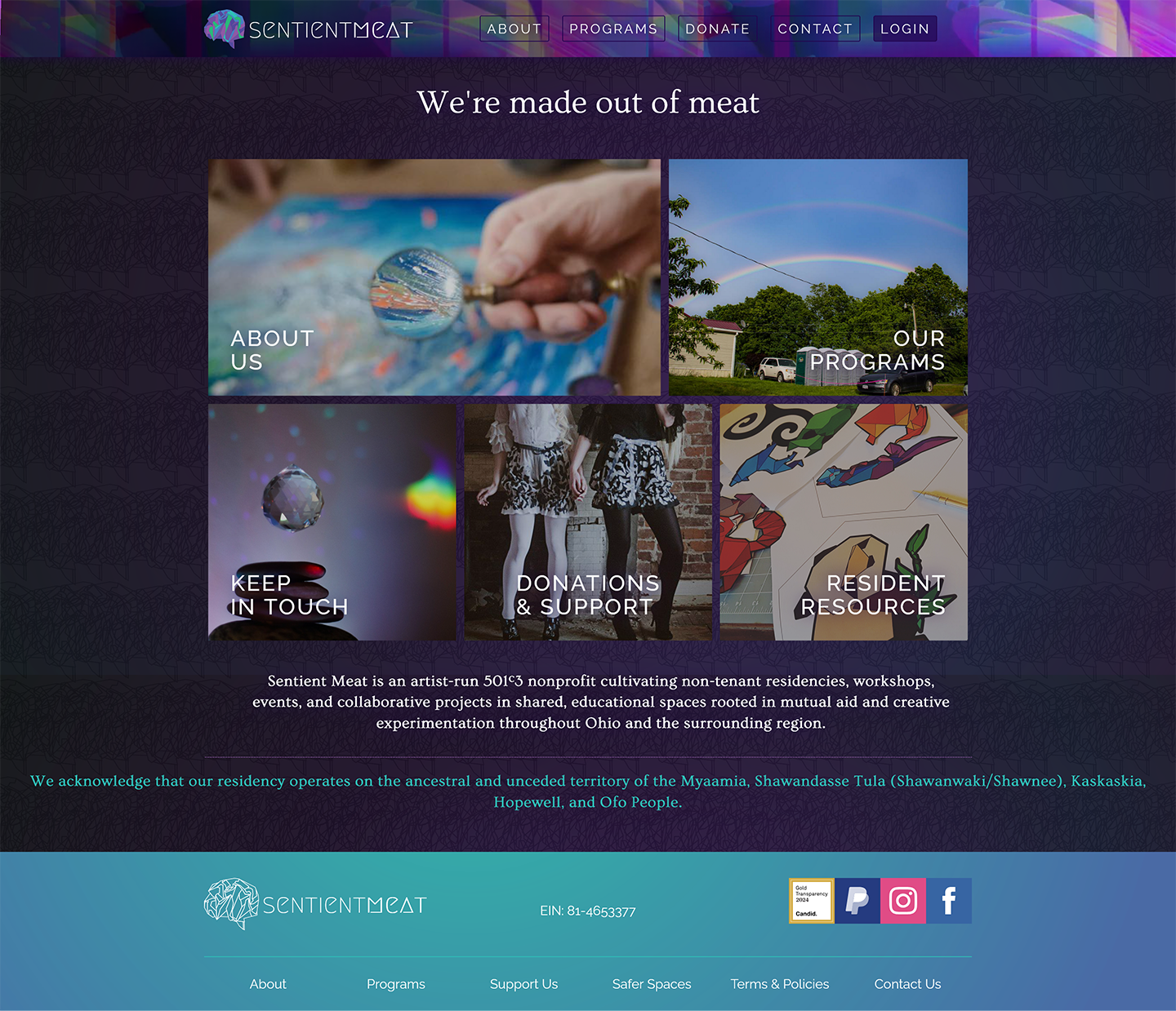 Screenshot of the Sentient Meat Home Page