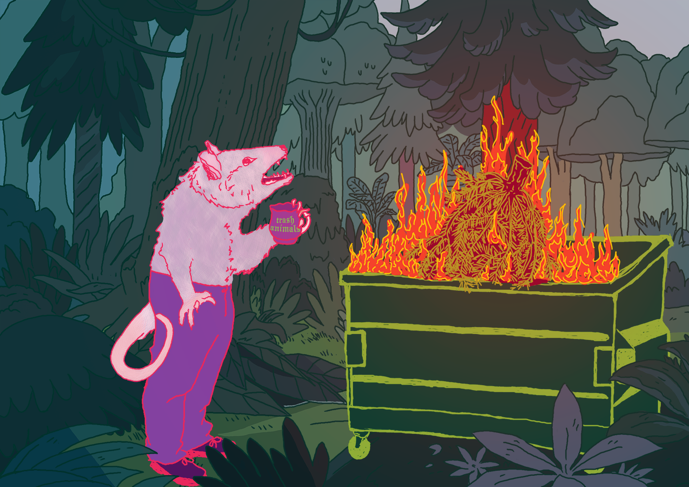 Illustration of an opossum, wearing trousers and holding a mug of tea, standing in front of a dumpster fire with a pine tree in it