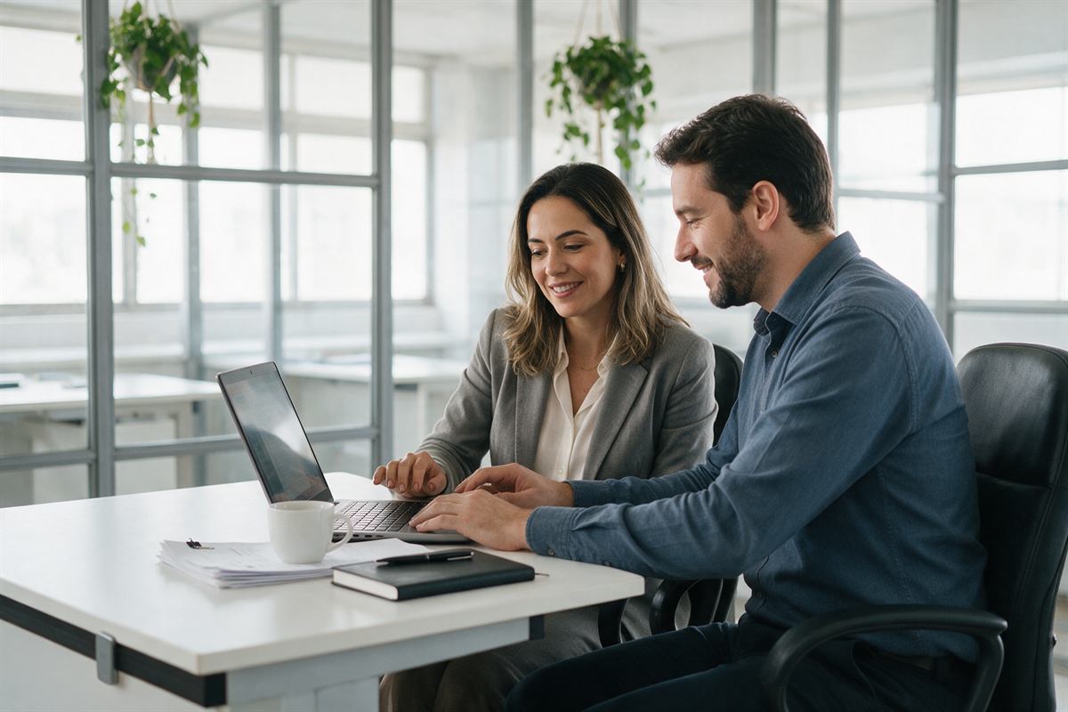 Gestora de RH e DP e contador revisando juntos no notebook os dados da Folha de Pagamento antes do envio