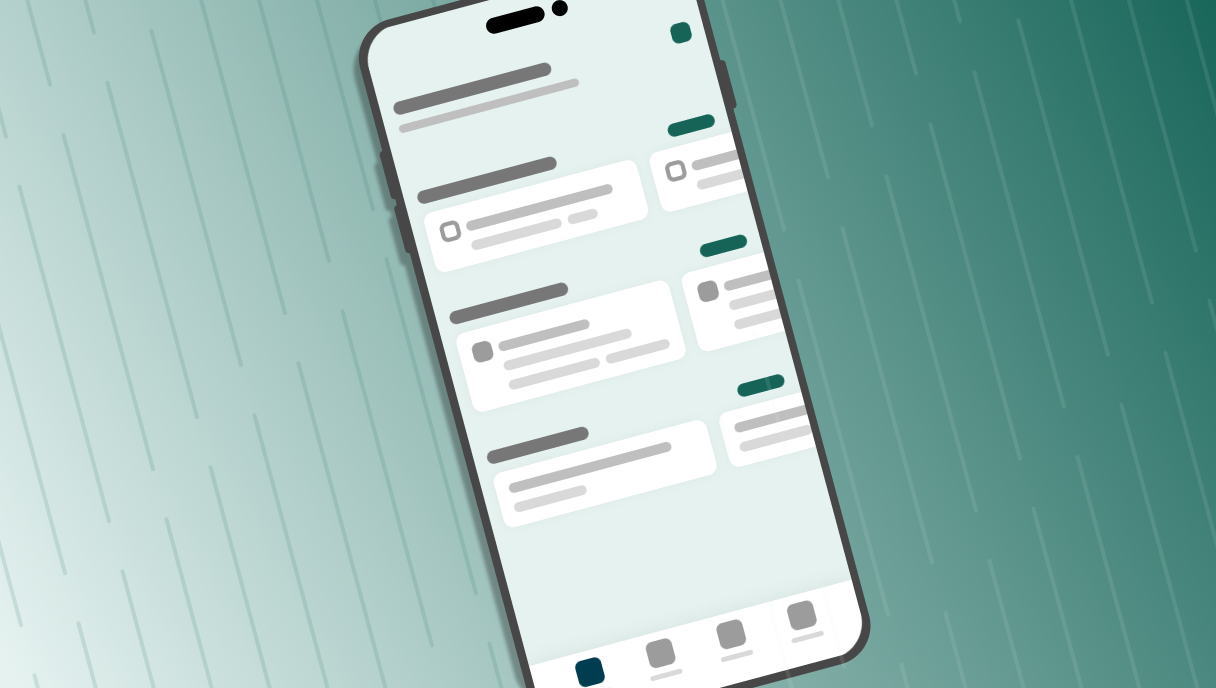 Illustration of an enterprise app on a mobile device in front of a green, striped background with a lock icon in the bottom-right corner