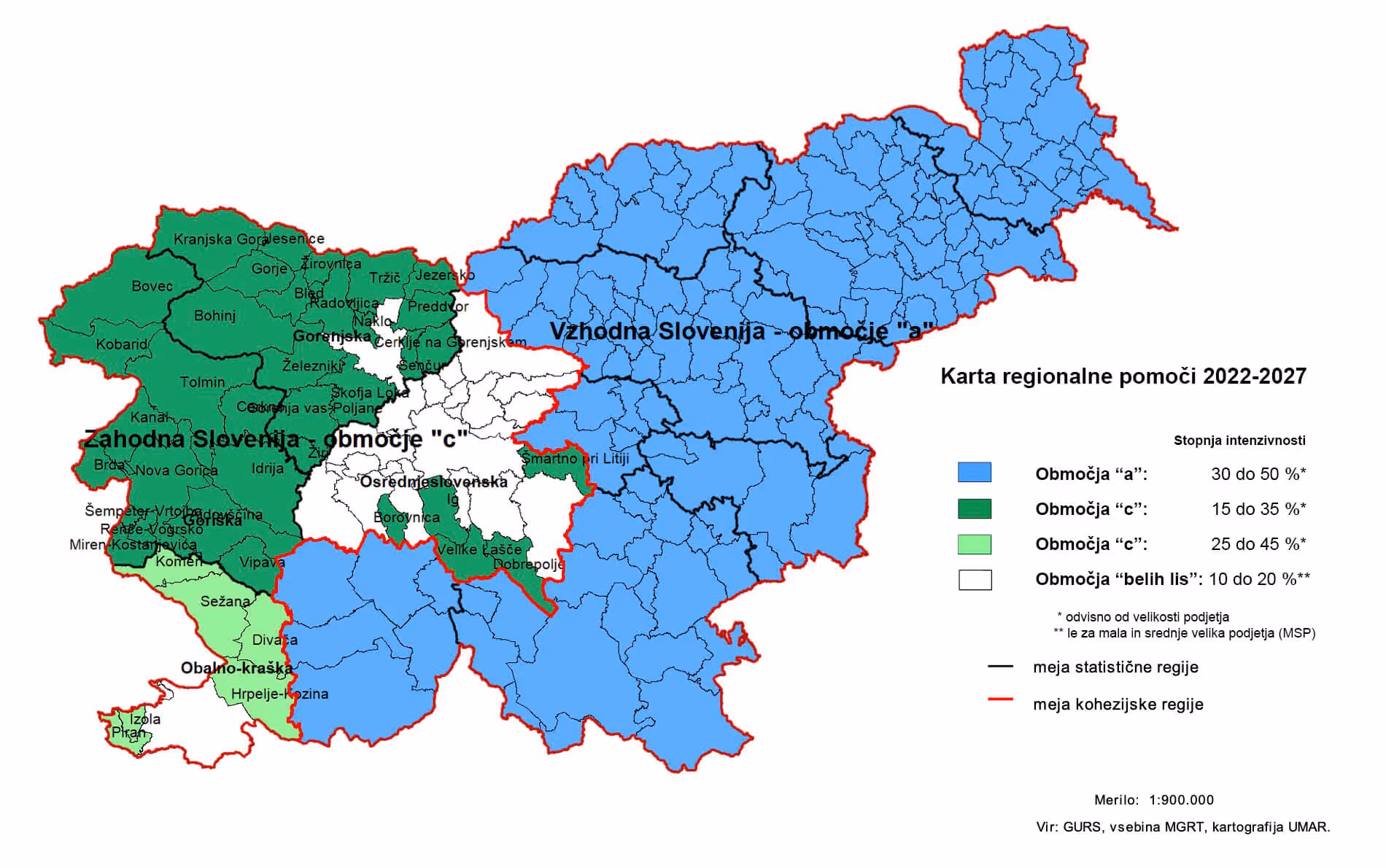 Kohezijske regije Slovenije - karta regionalne pomoči