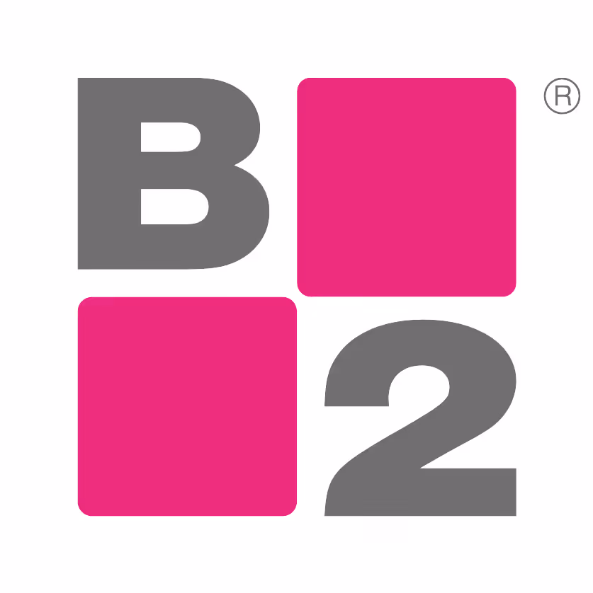 Logo with gray letter B and number 2 next to two pink squares arranged in a 2x2 grid.