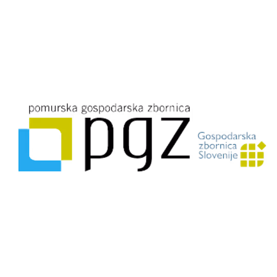 Logo of Pomurska gospodarska zbornica featuring overlapping blue and green squares next to the letters 'pgz' and a grid symbol representing Gospodarska zbornica Slovenije.