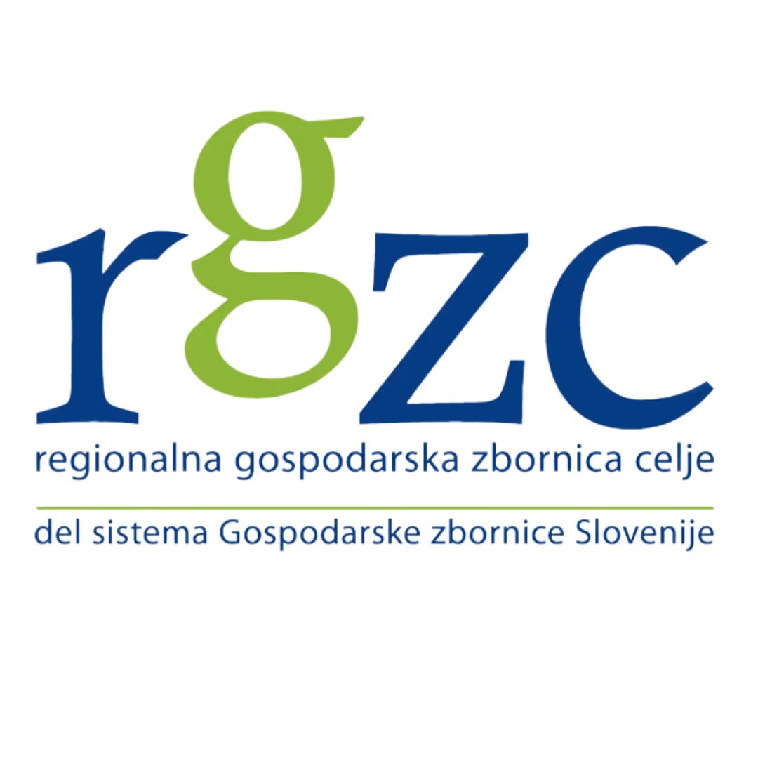 Logo with letters 'rgzc' in blue and green, accompanied by text in Slovenian about the regional chamber of commerce Celje and its connection to the Slovenian Chamber of Commerce system.