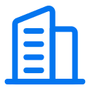 Blue icon of a modern office building with multiple floors and windows.