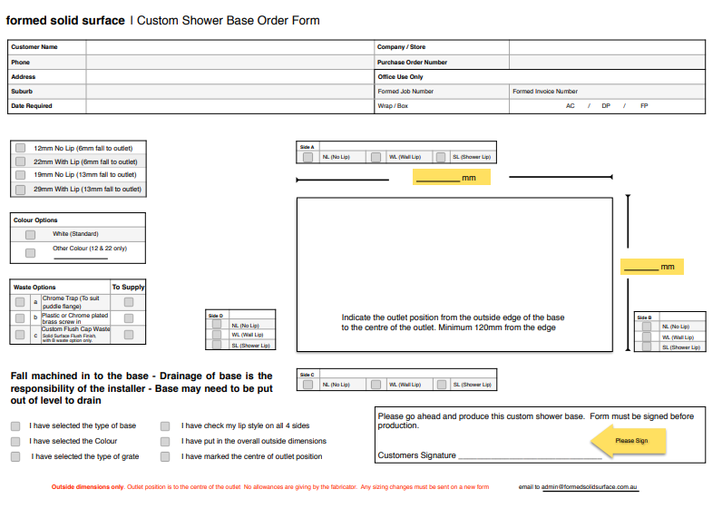 Custom solid surface shower base order form