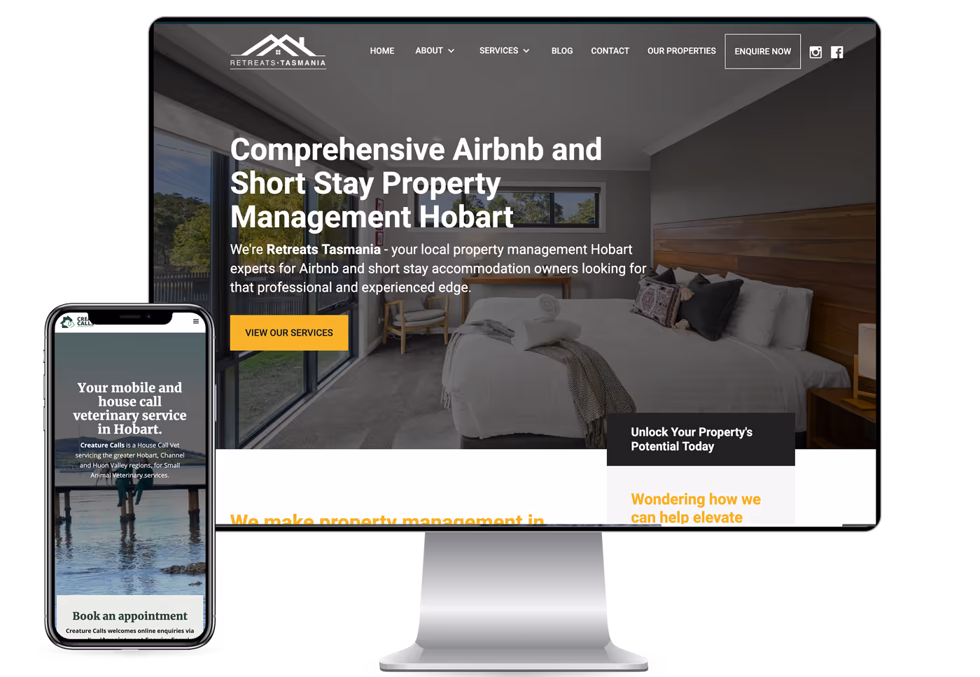 device mockups showing hobart websites creature calls and retreats tasmania