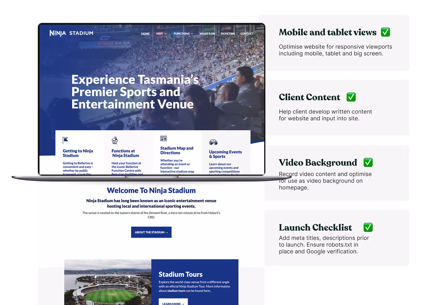 ninja stadium website hobart mockup with check list off to side