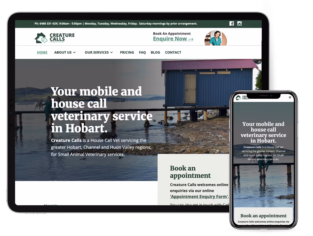 two device mockup of creature calls hobart website design