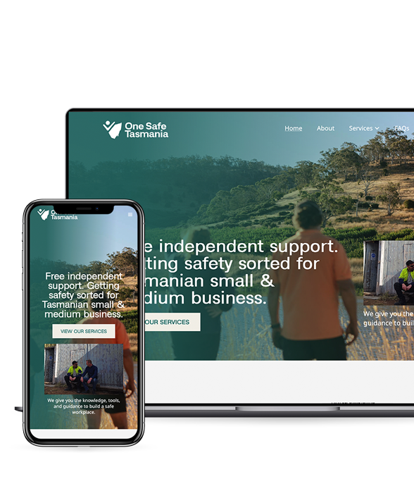 Website homepage for One Safe Tasmania showing a person walking in a hilly outdoor area with text about free independent support for Tasmanian small and medium businesses and a call-to-action button.