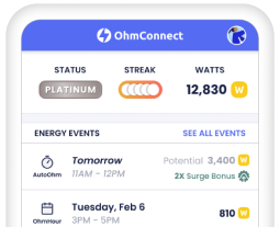 OhmConnect product showing Watts earned
