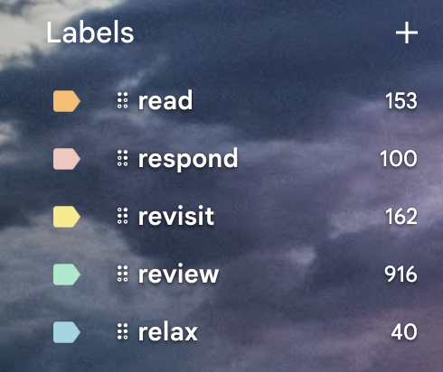 Gmail sidebar showing the Smart Inbox labels: read, respond, revisit, review, relax