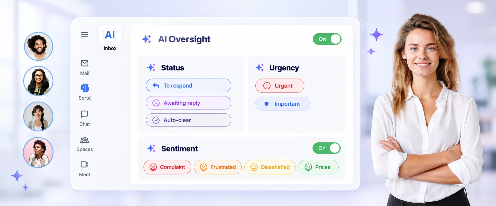 Illustration of Sortd AI Board Tags with To respond, Awaiting reply and Auto-clear status, Urgent and Important flags, and customer sentiment signals.
