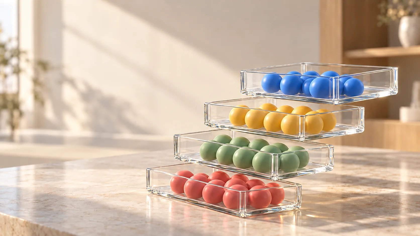 Coloured balls organised in four clear glass trays