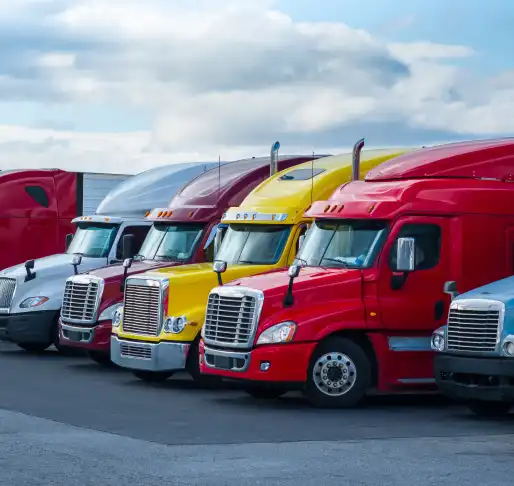 The image shows a red truck, a white truck, a yellow truck, another red truck, and another white truck, all aligned next to each other.