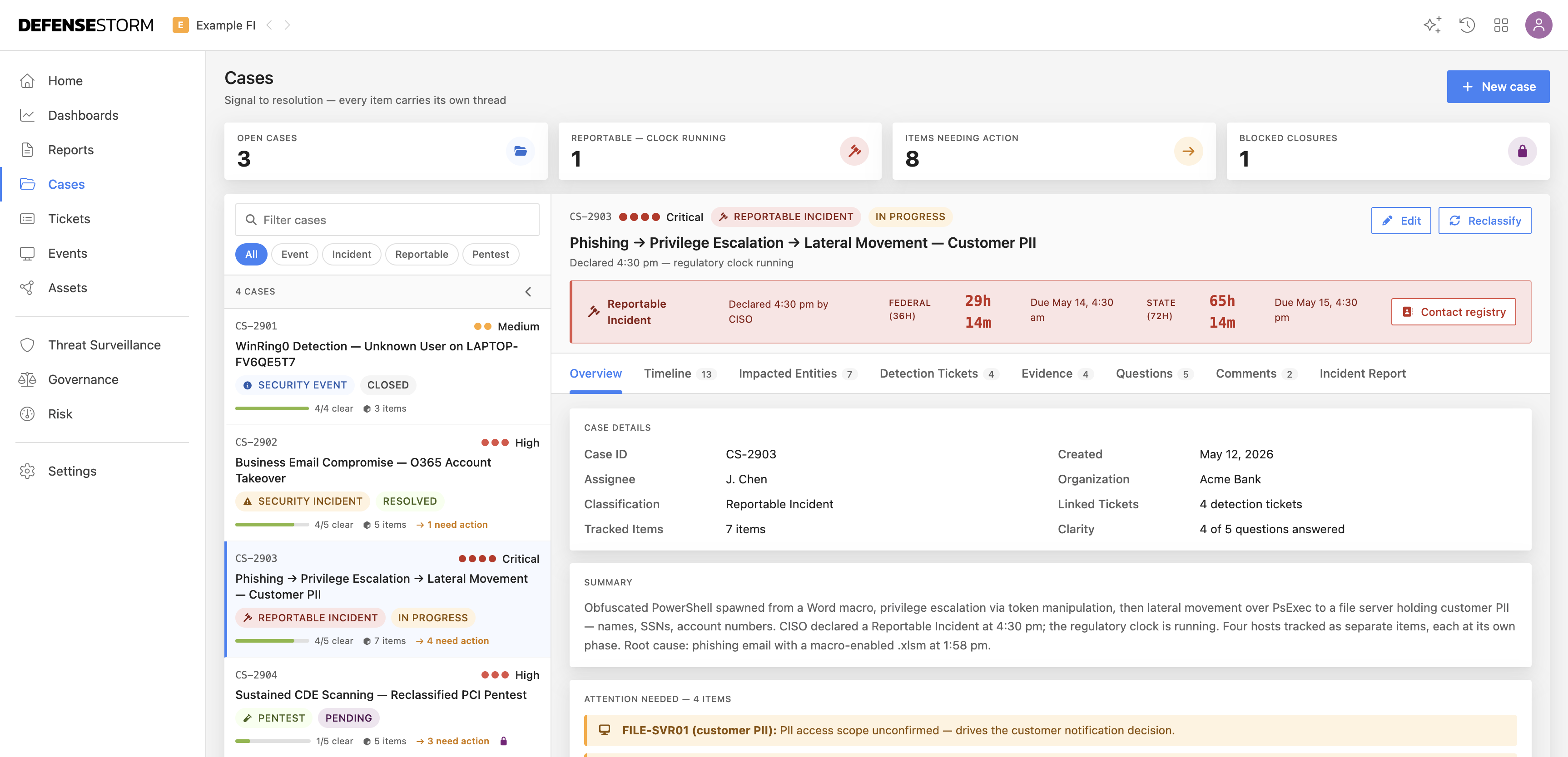 Case Management screen showing a dense list of open security cases