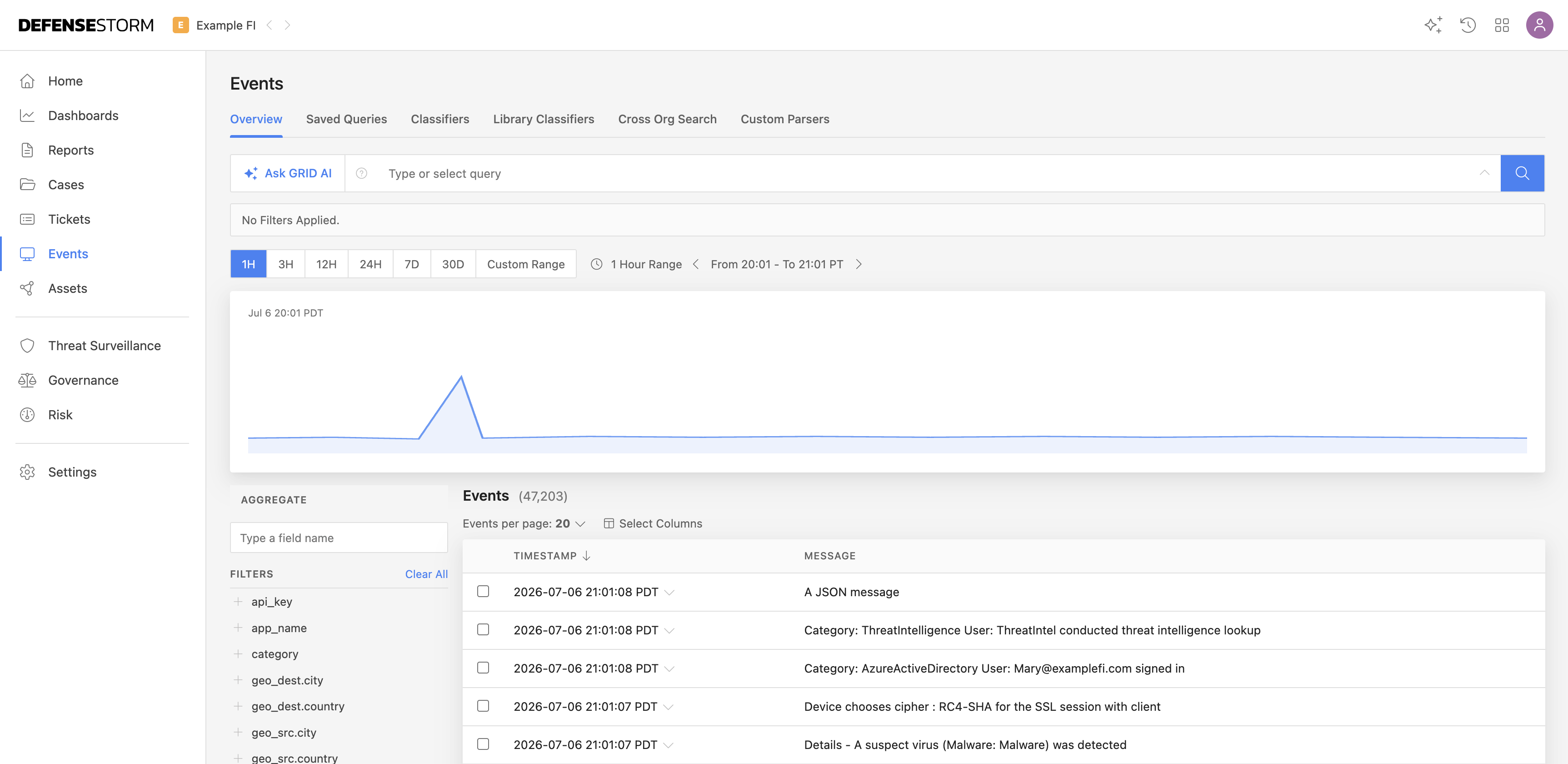 Events Overview screen showing a raw stream of security events