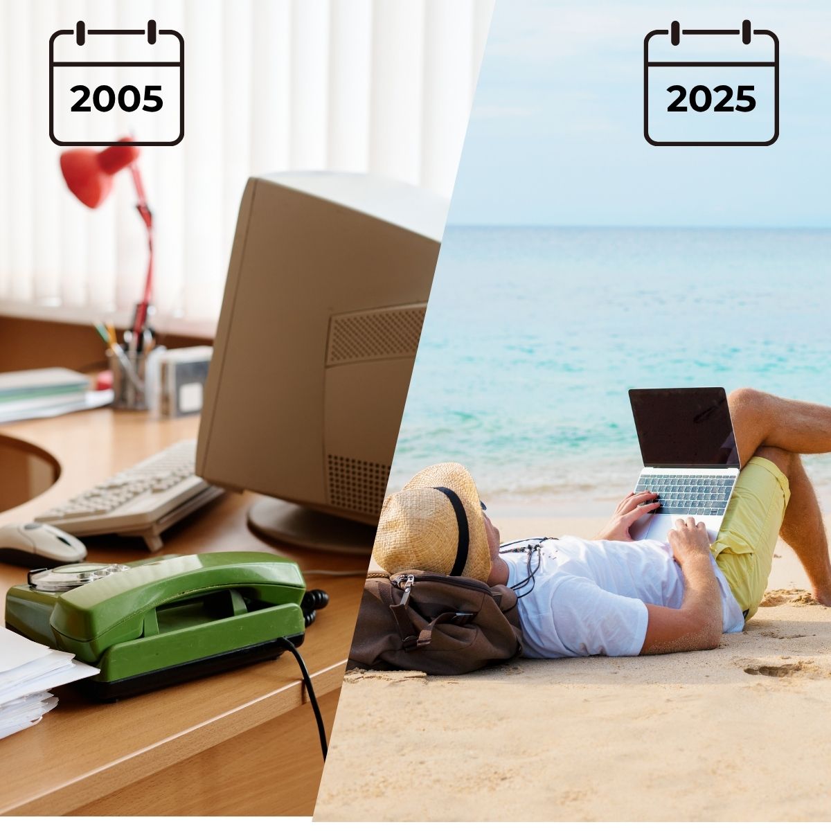split screen showing an old fashioned computer on a desk in an office on one half and a man lying on a beach with a laptop in the other