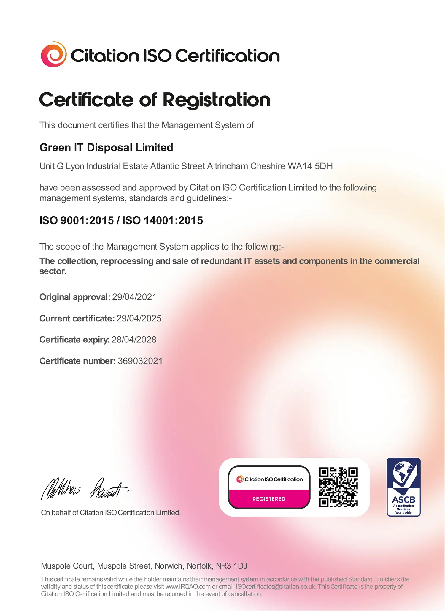 GreenIT Certificate of Registration ISO 9001 & ISO 14001