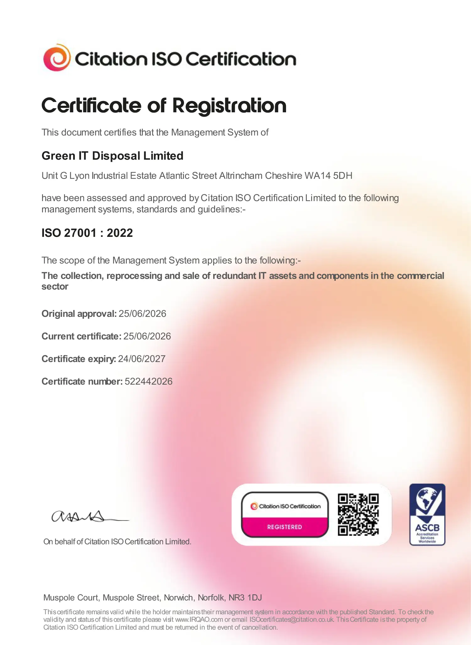 GreenIT Certificate of Registration ISO 9001 & ISO 14001