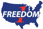 Blue map of the USA with the word FREEDOM overlaid and a red number 1 integrated in the text.