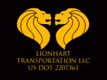 Two stylized gold lion heads facing each other above the text Lionhart Transportation LLC US DOT 2207361.