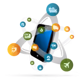 Central smartphone with icons for logistics, transport, and technology orbiting around it.