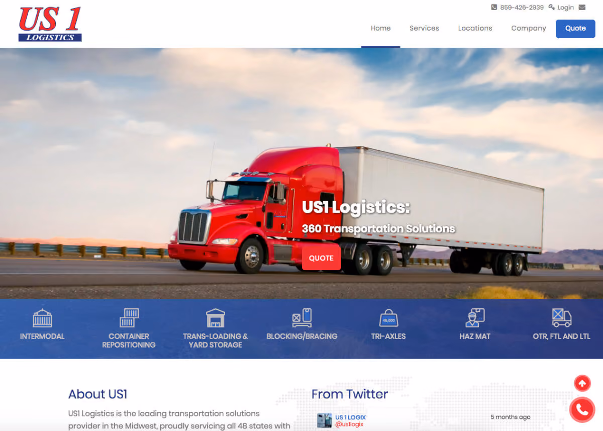 Red US1 Logistics semi truck with white trailer on highway under cloudy sky.
