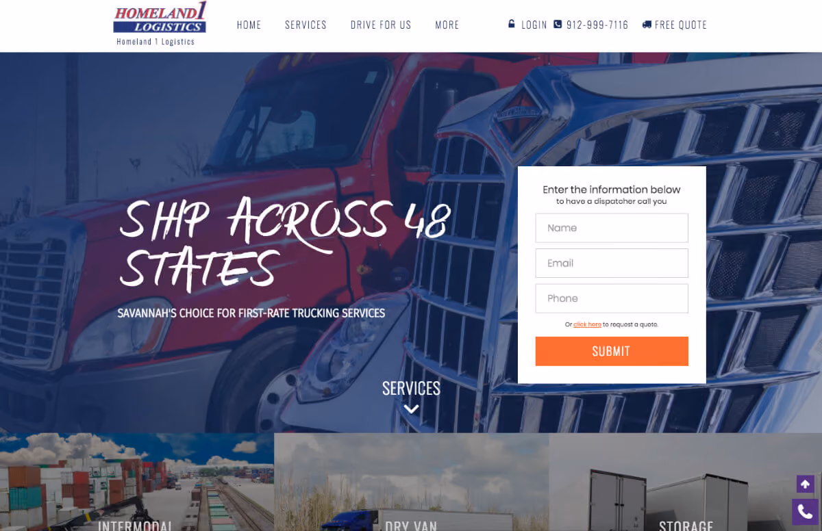 Website hero with red and silver trucks and form to request a dispatcher call for trucking services.