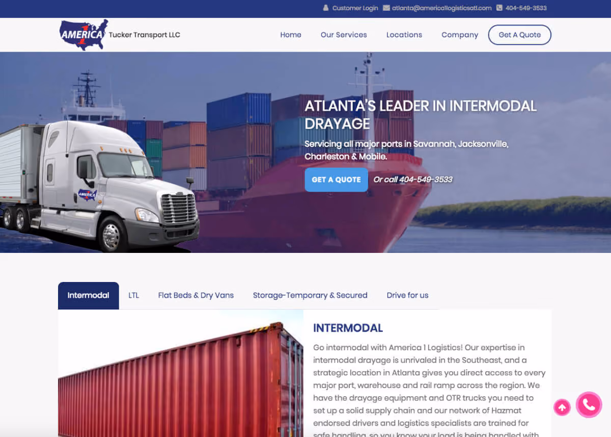 White America 1 Logistics truck and red cargo ship with stacked containers at a port.