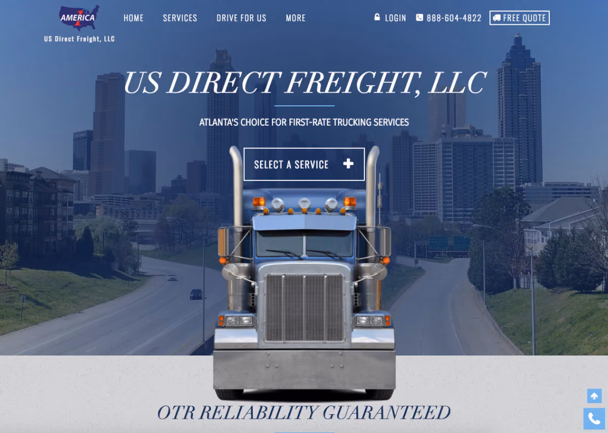 Front view of a blue semi-truck cab in front of an Atlanta city skyline on a trucking service website.