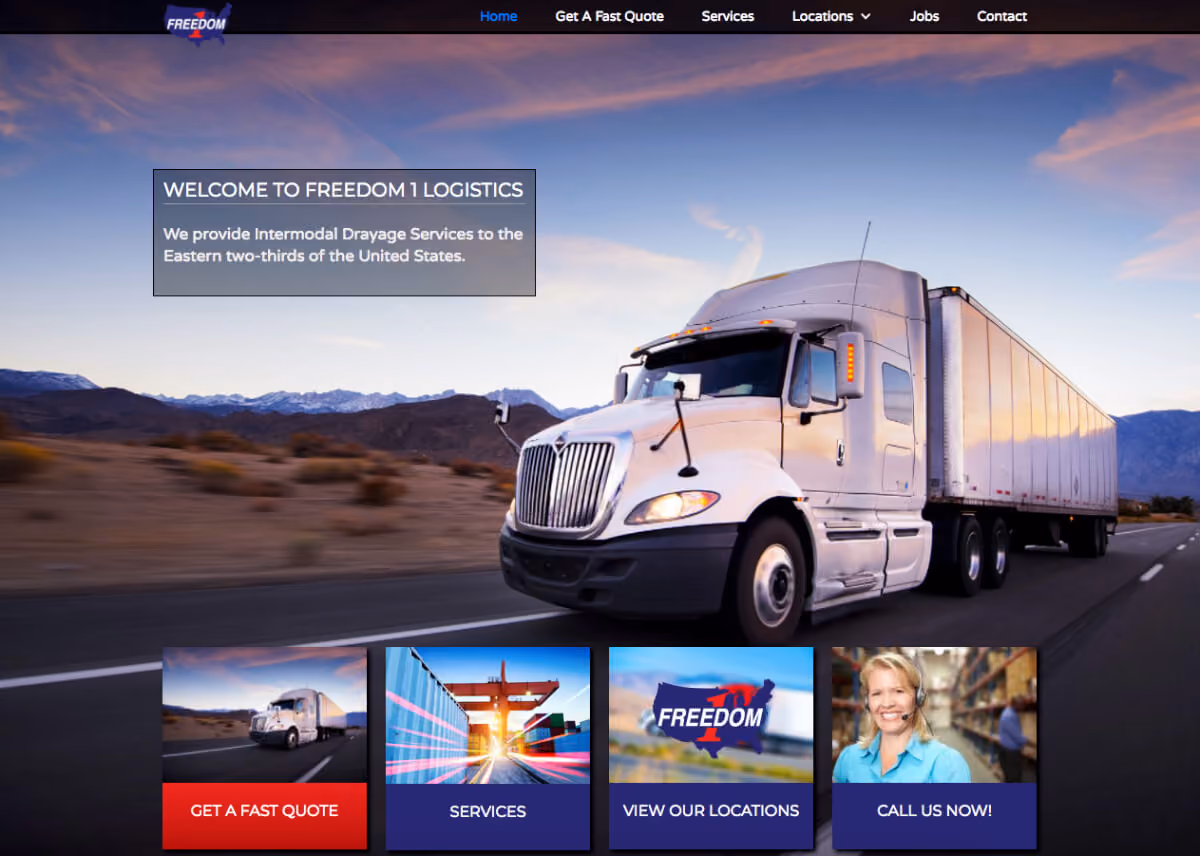 White semi truck driving on highway at sunset with mountains in the background, homepage banner.
