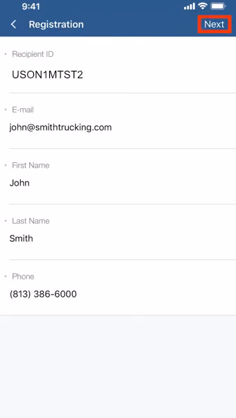Mobile registration form with fields for Recipient ID, email, first and last name, and phone number filled in.