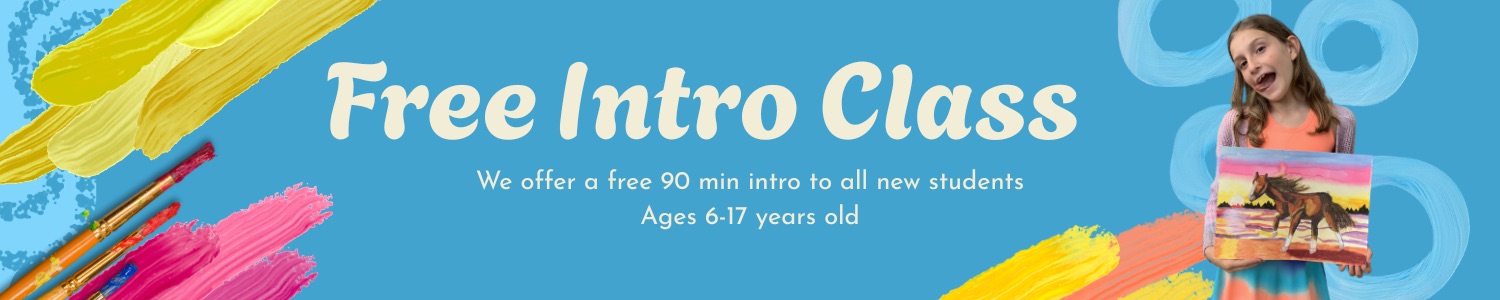 Banner with text 'Free Intro Class' offering a 90-minute free intro for new students ages 6–17 on a blue background with colorful paint strokes and two paintbrushes on the left, and a smiling girl holding a horse painting on the right.